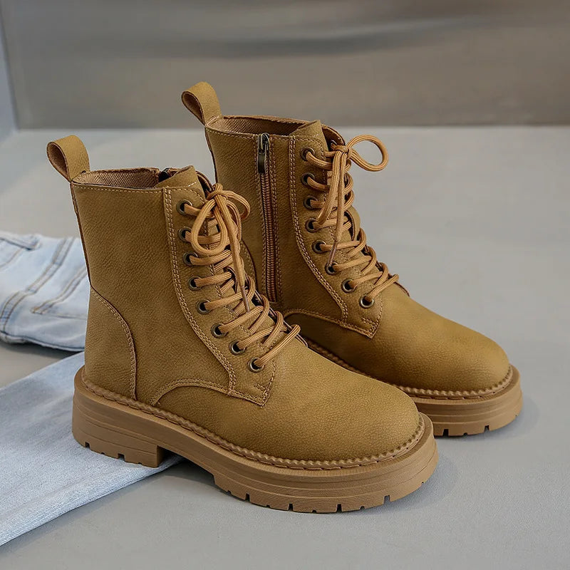 Crestar Women's Fashion Boots Retro Leather Ankle Boots Women Luxury Soft Sole Short Boots New Platform Non-slip Round Toe Boots