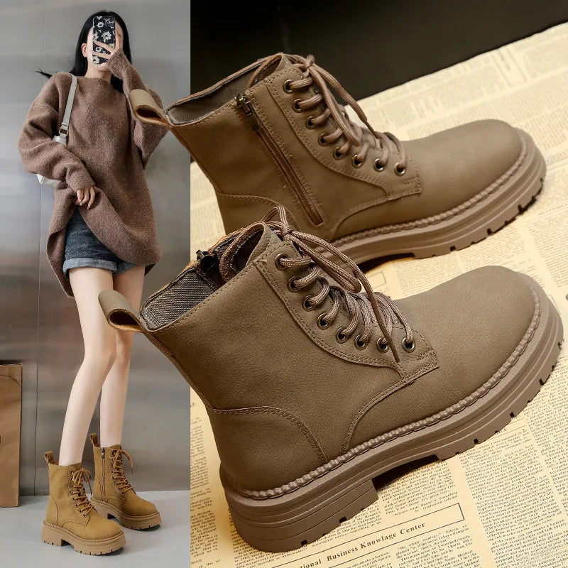 Crestar Women's Fashion Boots Retro Leather Ankle Boots Women Luxury Soft Sole Short Boots New Platform Non-slip Round Toe Boots