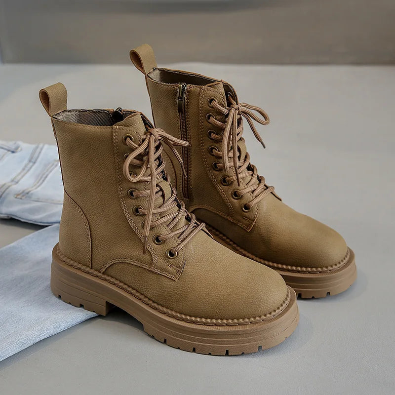 Crestar Women's Fashion Boots Retro Leather Ankle Boots Women Luxury Soft Sole Short Boots New Platform Non-slip Round Toe Boots