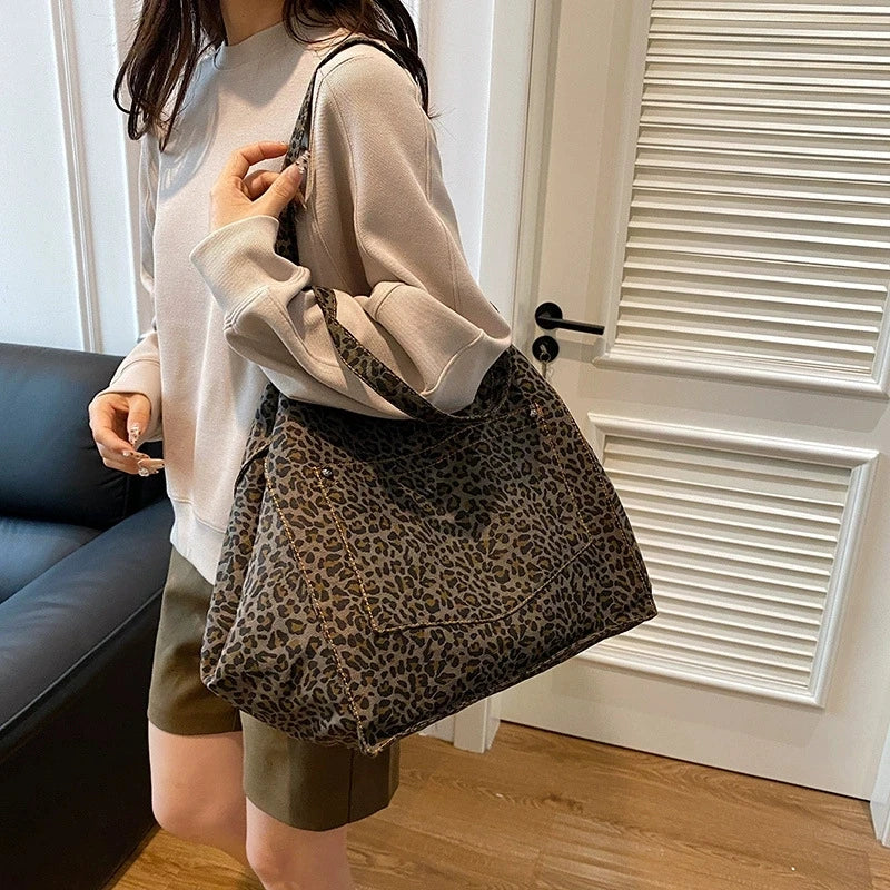 Leopard Pattern Tote Bag Vintage Canvas Shoulder Bag Fashion Big Capacity Handbag For School Work Shopping