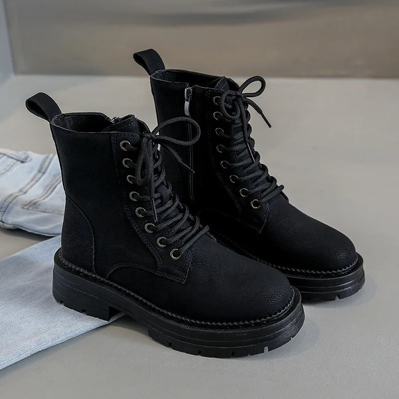 Crestar Women's Fashion Boots Retro Leather Ankle Boots Women Luxury Soft Sole Short Boots New Platform Non-slip Round Toe Boots