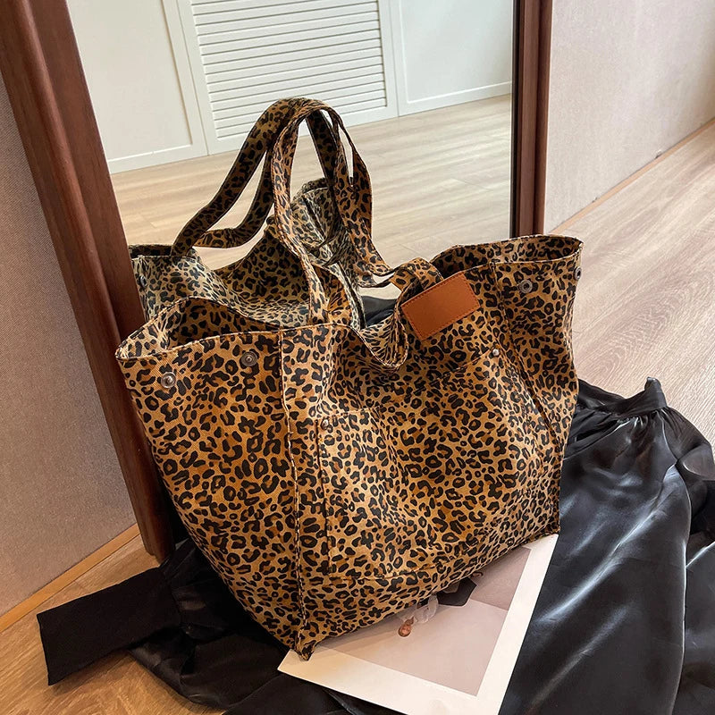 Leopard Pattern Tote Bag Vintage Canvas Shoulder Bag Fashion Big Capacity Handbag For School Work Shopping